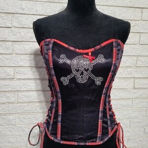 Shirley Of Hollywoof Punk Skull Rhinestone Corset Bustier 38 Black Satin & Plaid
